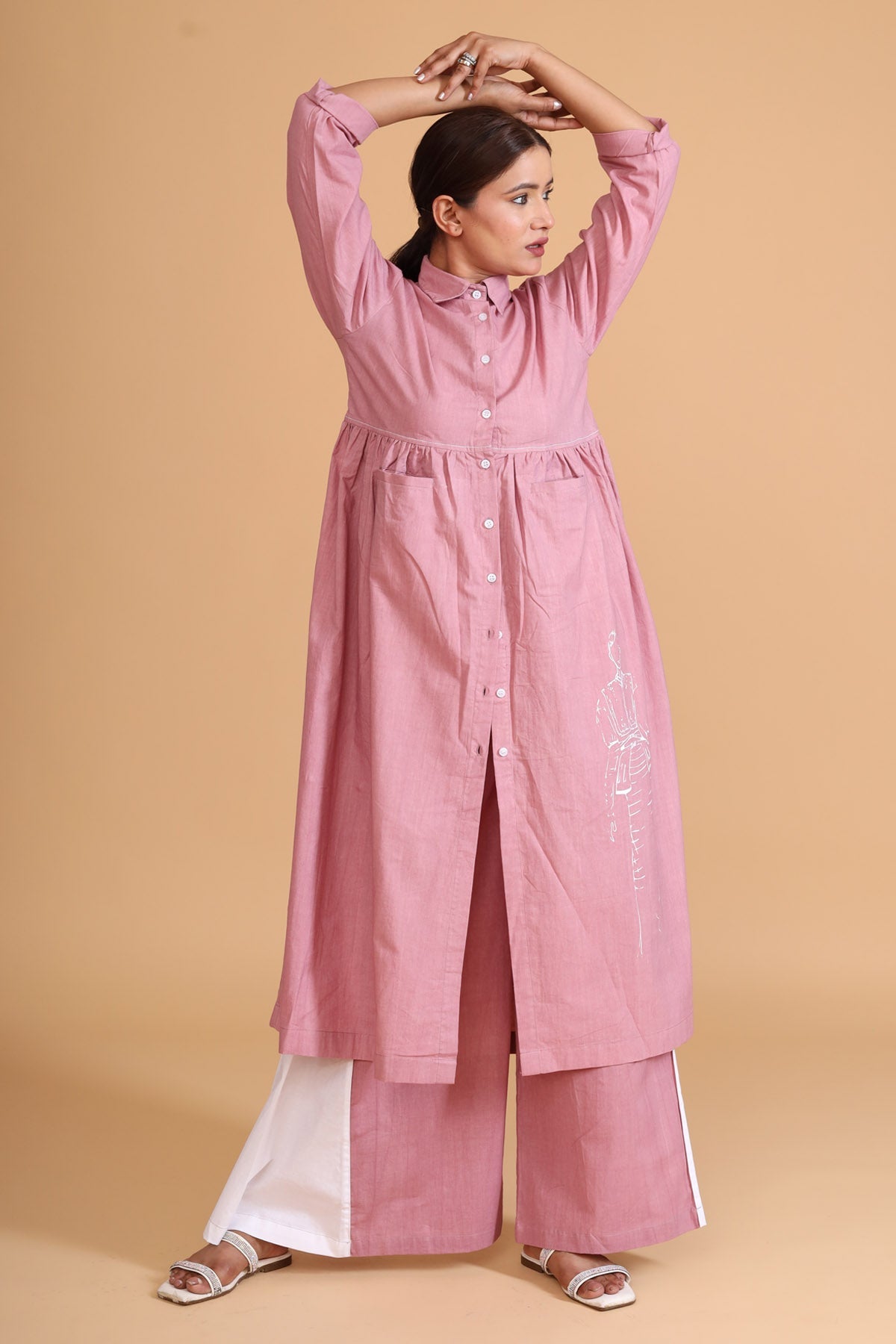 Pink Shirt Style Tunic Co-ord Set - Effortless Chic at ScrollnShops